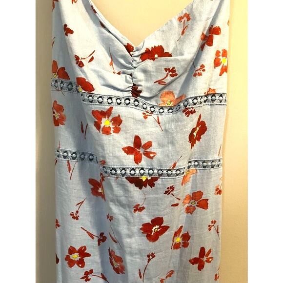 ZARA Floral Midi Dress Linen Viscose Ruffle Lace Open Back Blue Print Women's XL - Picture 5 of 11